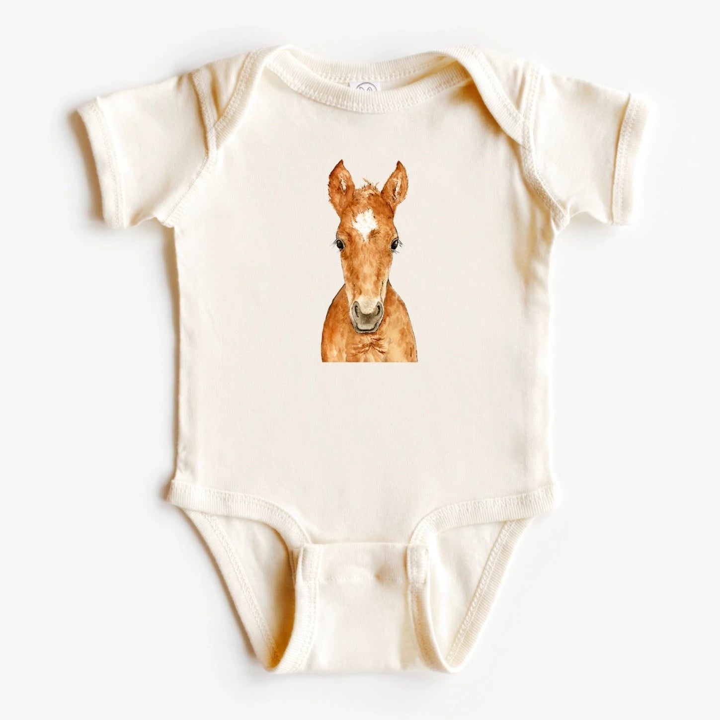 Cream baby onsie with foal screen print