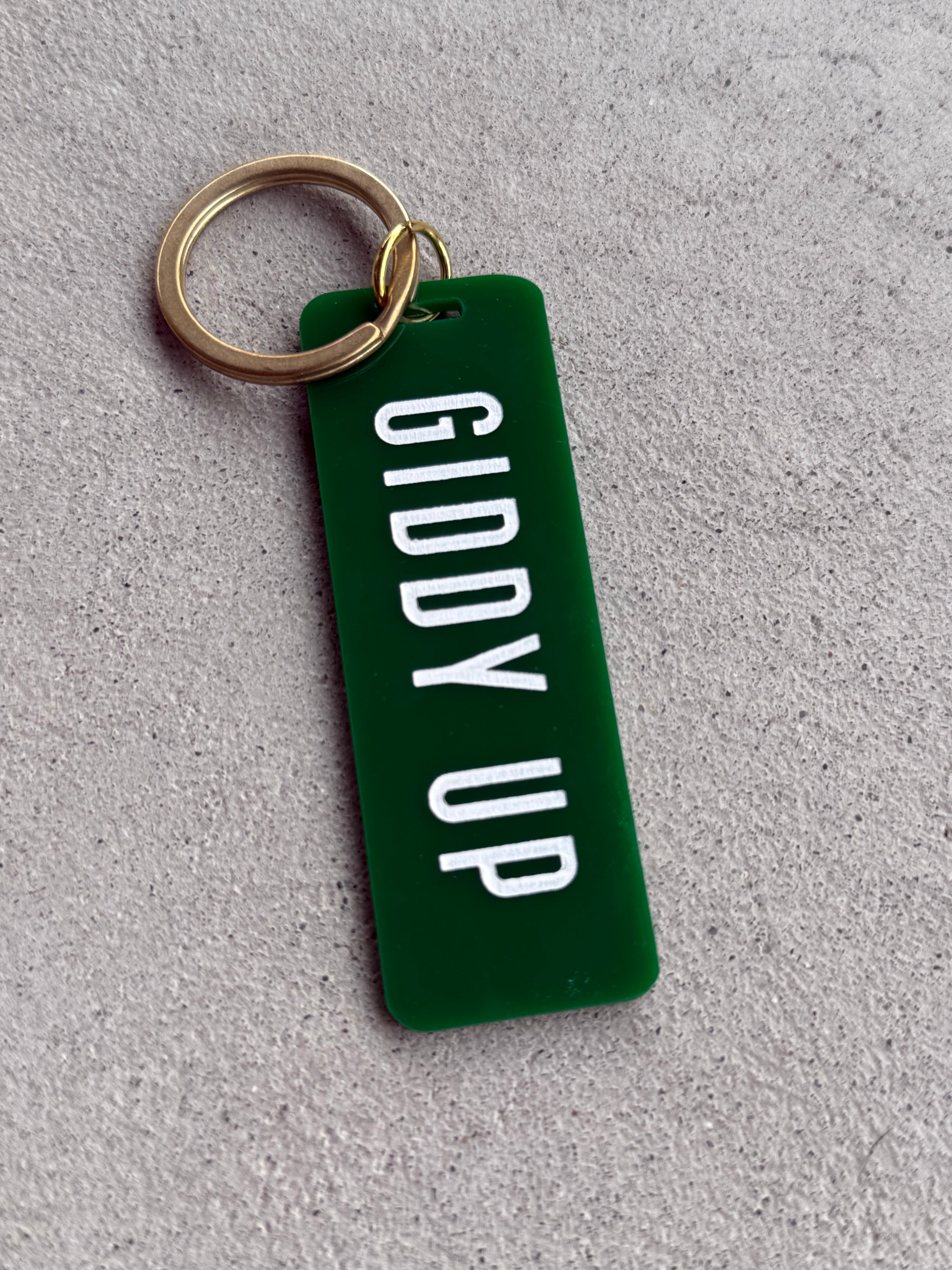 Giddy Up Kelly Green / Keychain on Card / Classic Block Letters