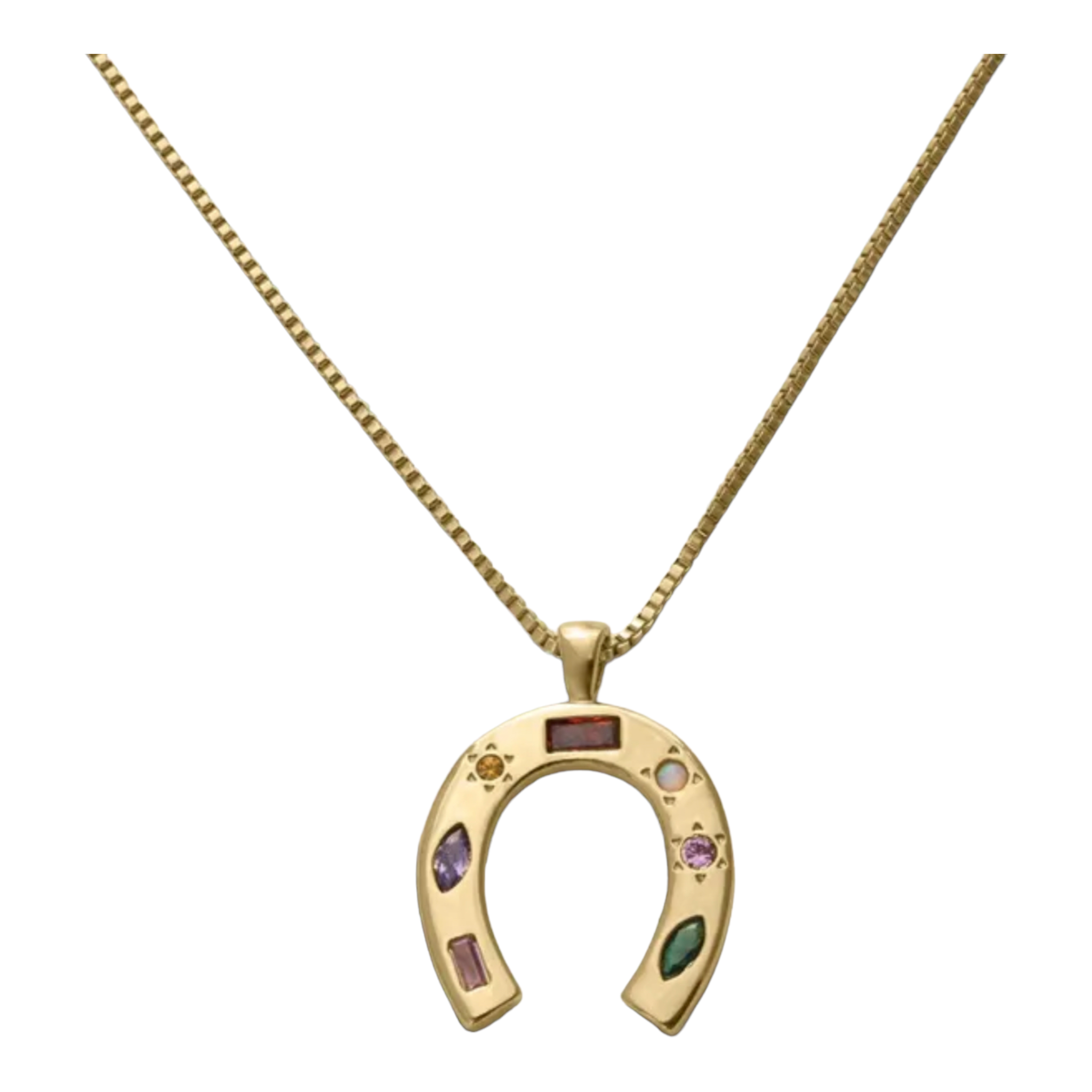 Gold horse shoe pendent with pink, green, opal, purple, red, and yellow gems embedded
