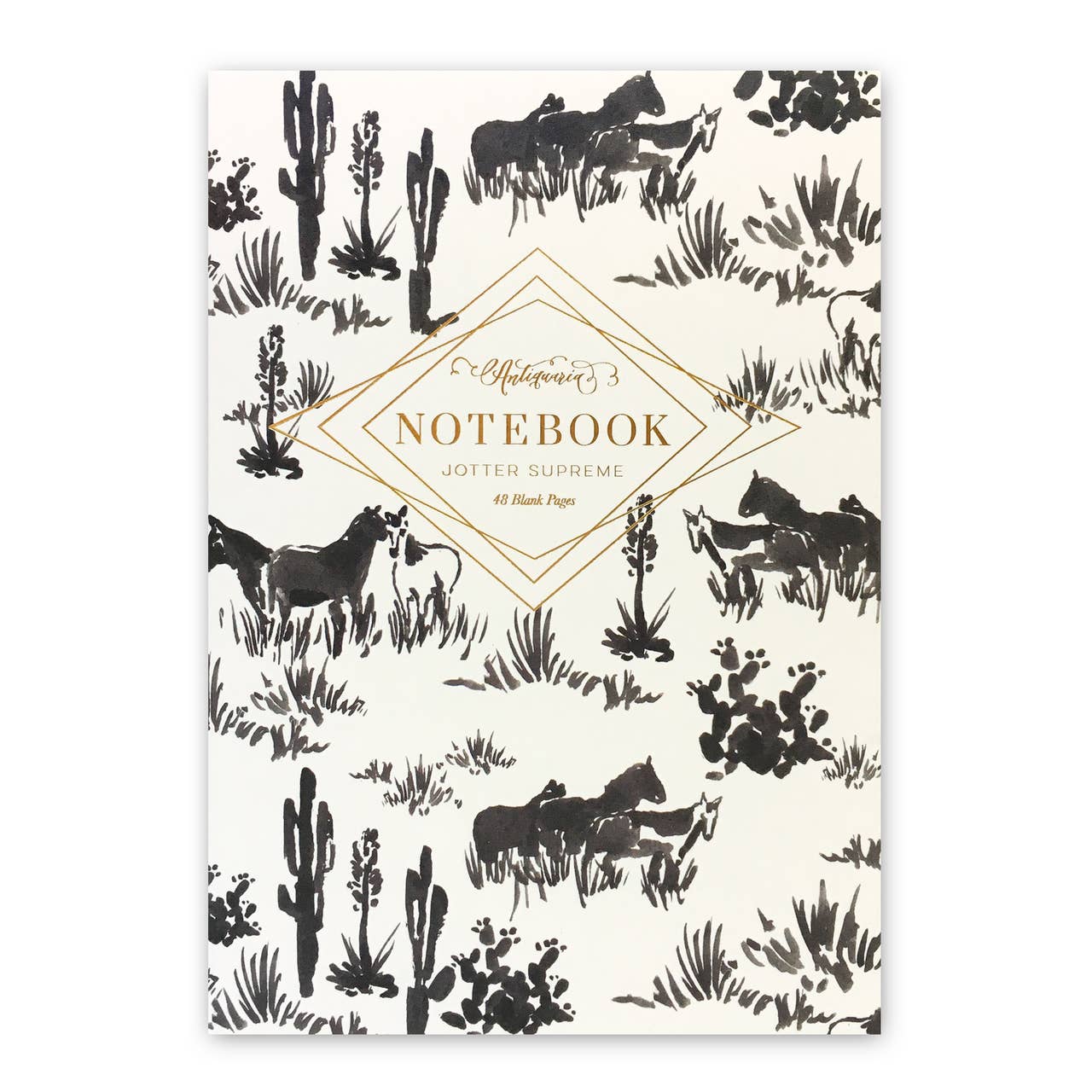 White notebook with black ink-like drawings of horse silhouettes and grass. "Notebook" text is written in gold foil.