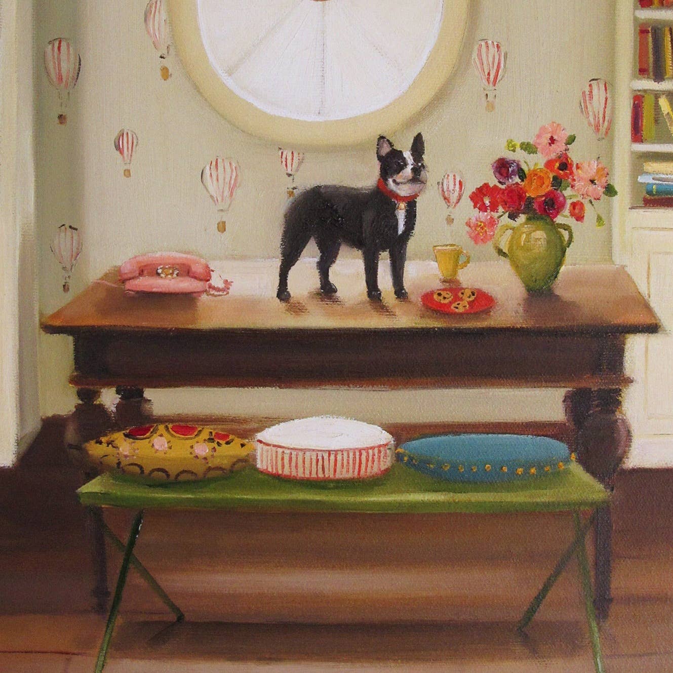 Zoomed in colourful art print of a boston terrier standing on top of a table in a house