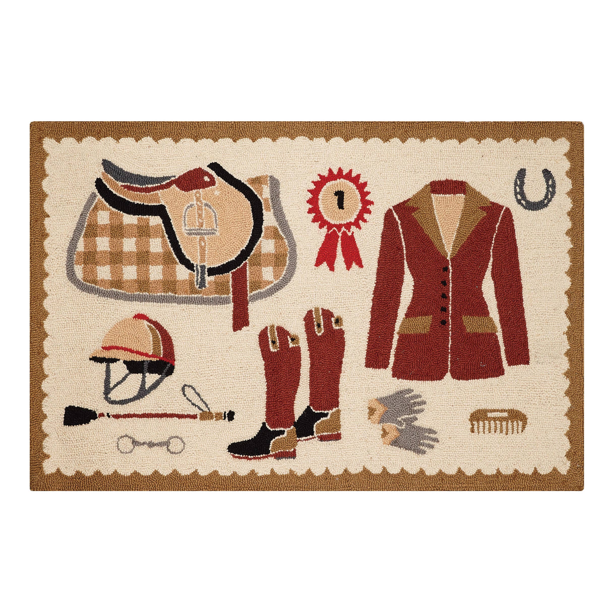 Wool rug with riding helmets, tall boots, show ribbon, show coat, riding gloves, ridiing crop, horse bit, horseshoe, and comb