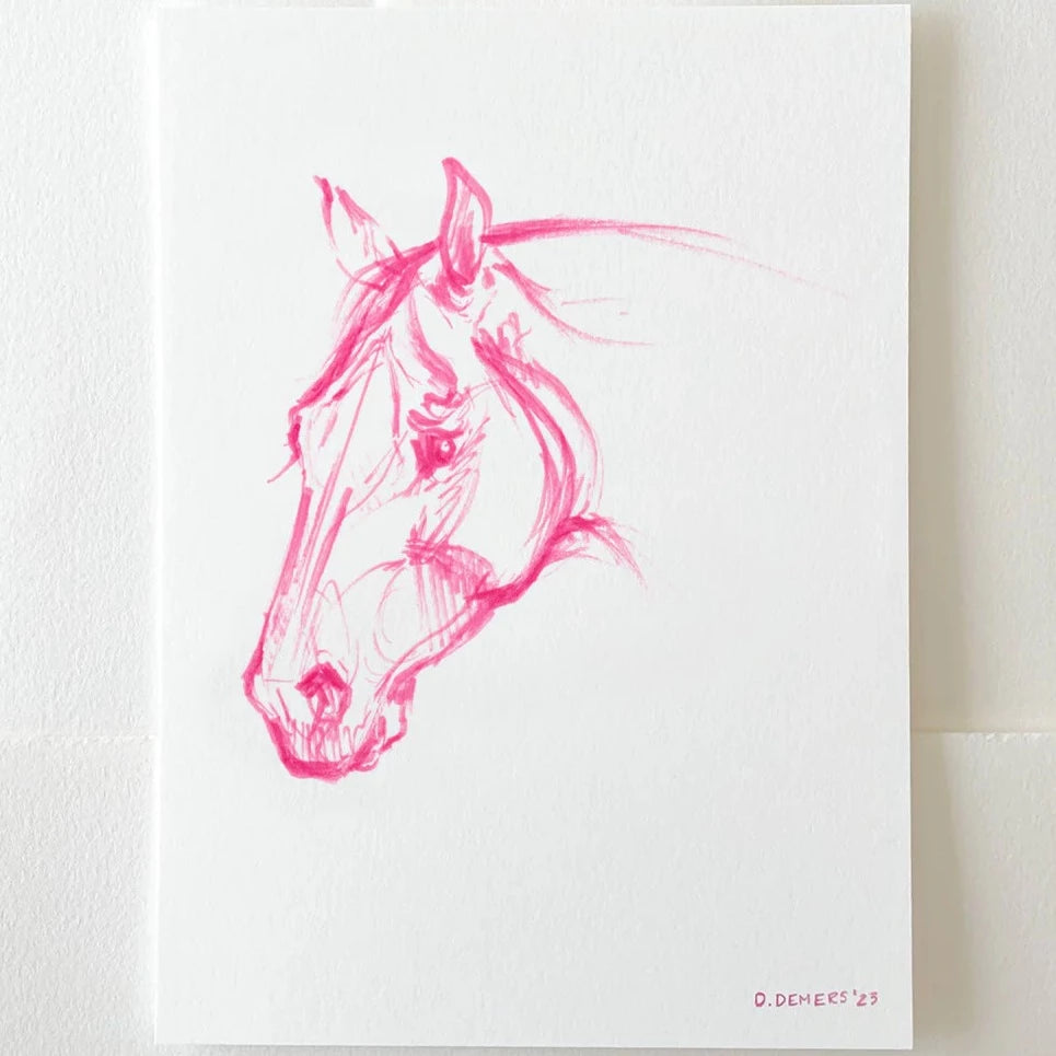 White background with bright pink ink sketch of a horse head