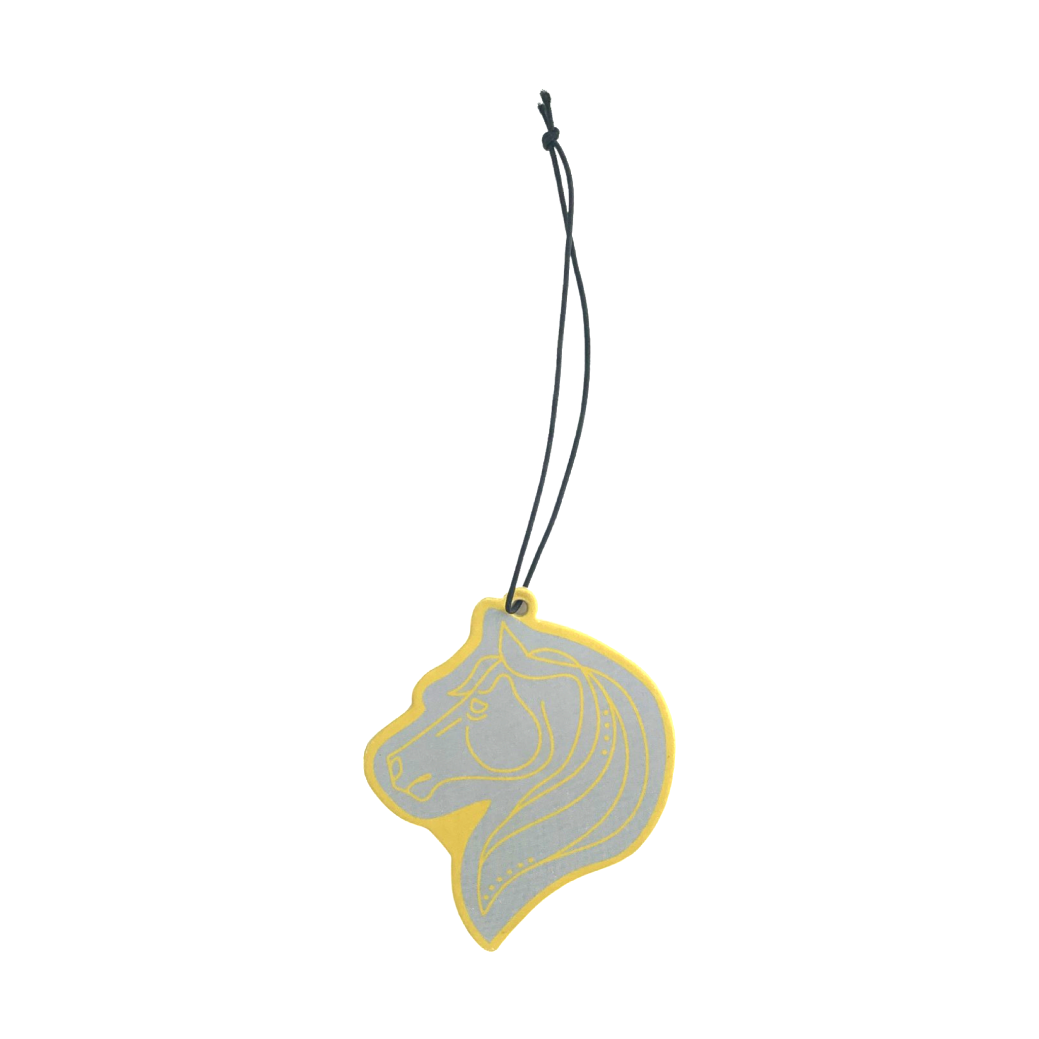 Blue horse head on yellow background, with yellow detailing