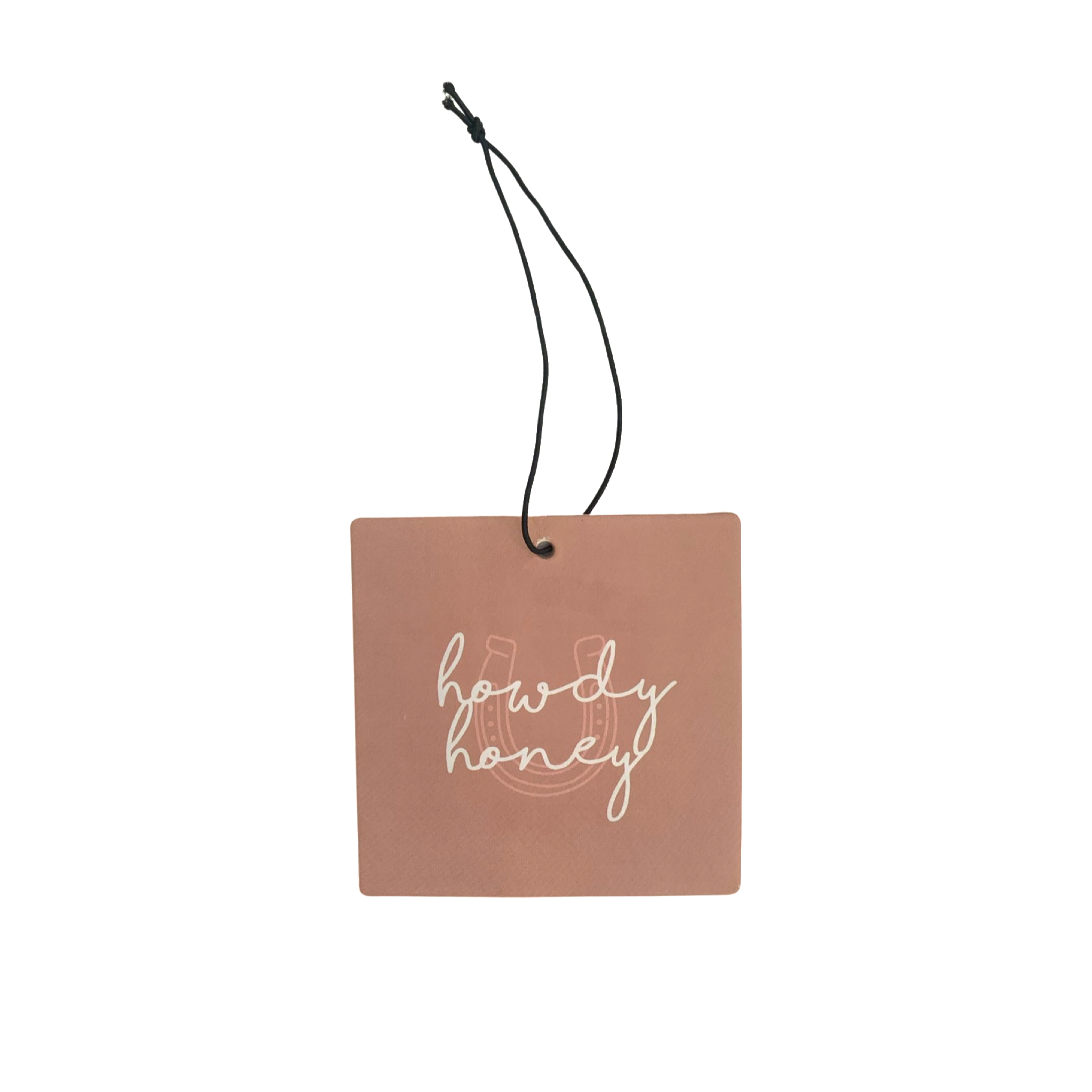 Square pink car air freshener that says 'Howdy Honey' within horse shoe.