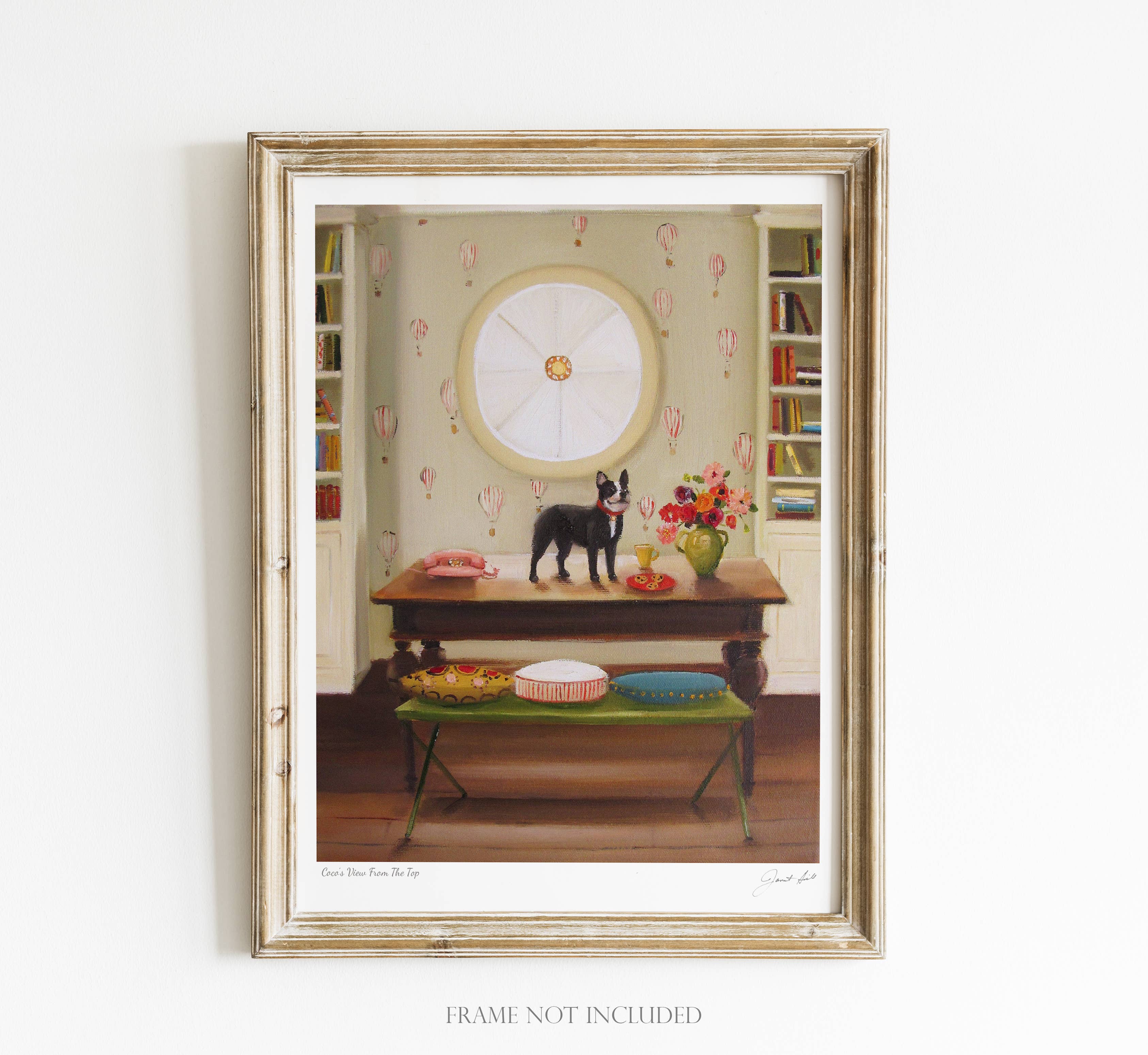 Colourful art print of a boston terrier standing on top of a table in a house