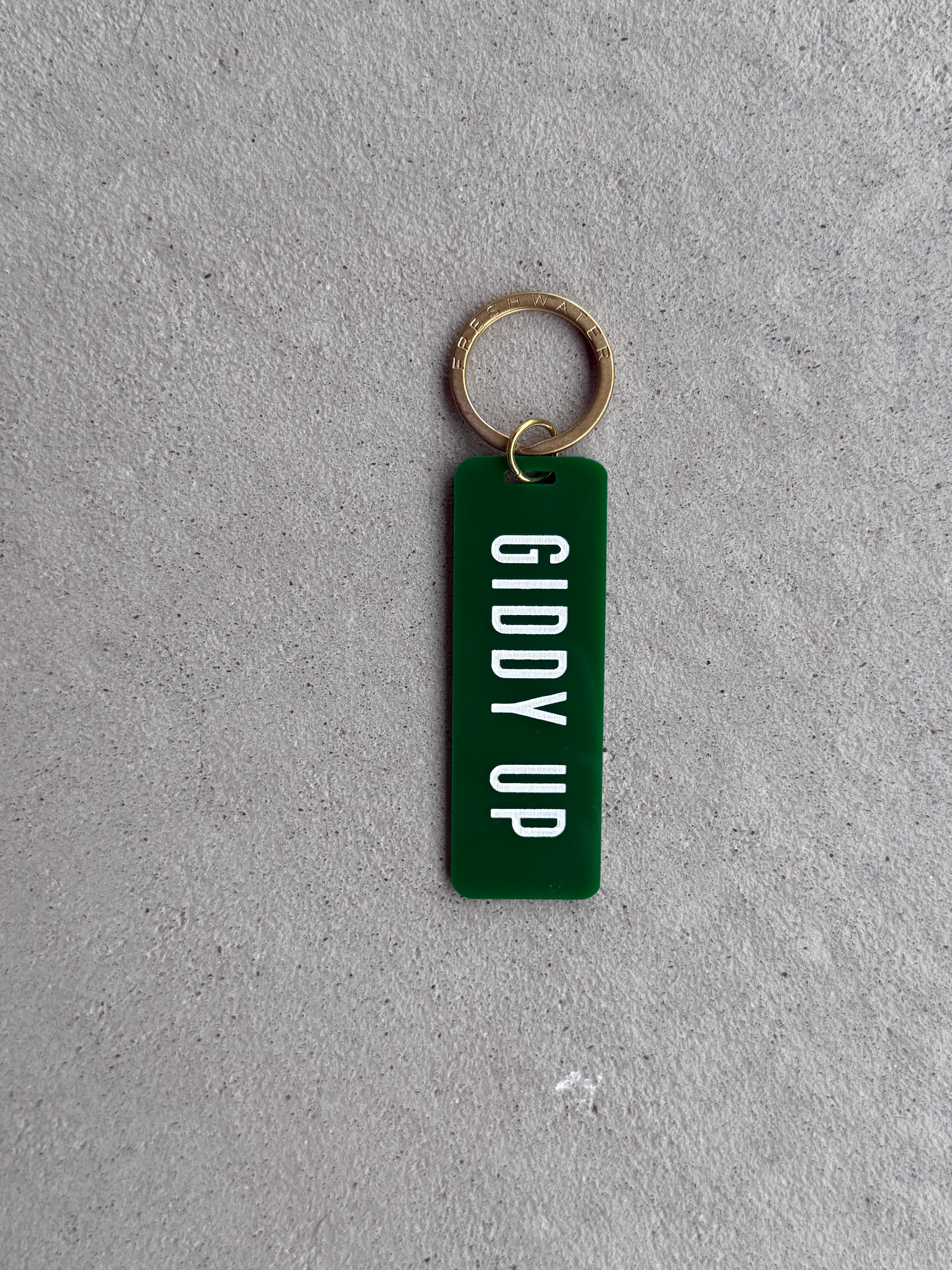 Giddy Up Kelly Green / Keychain on Card / Classic Block Letters