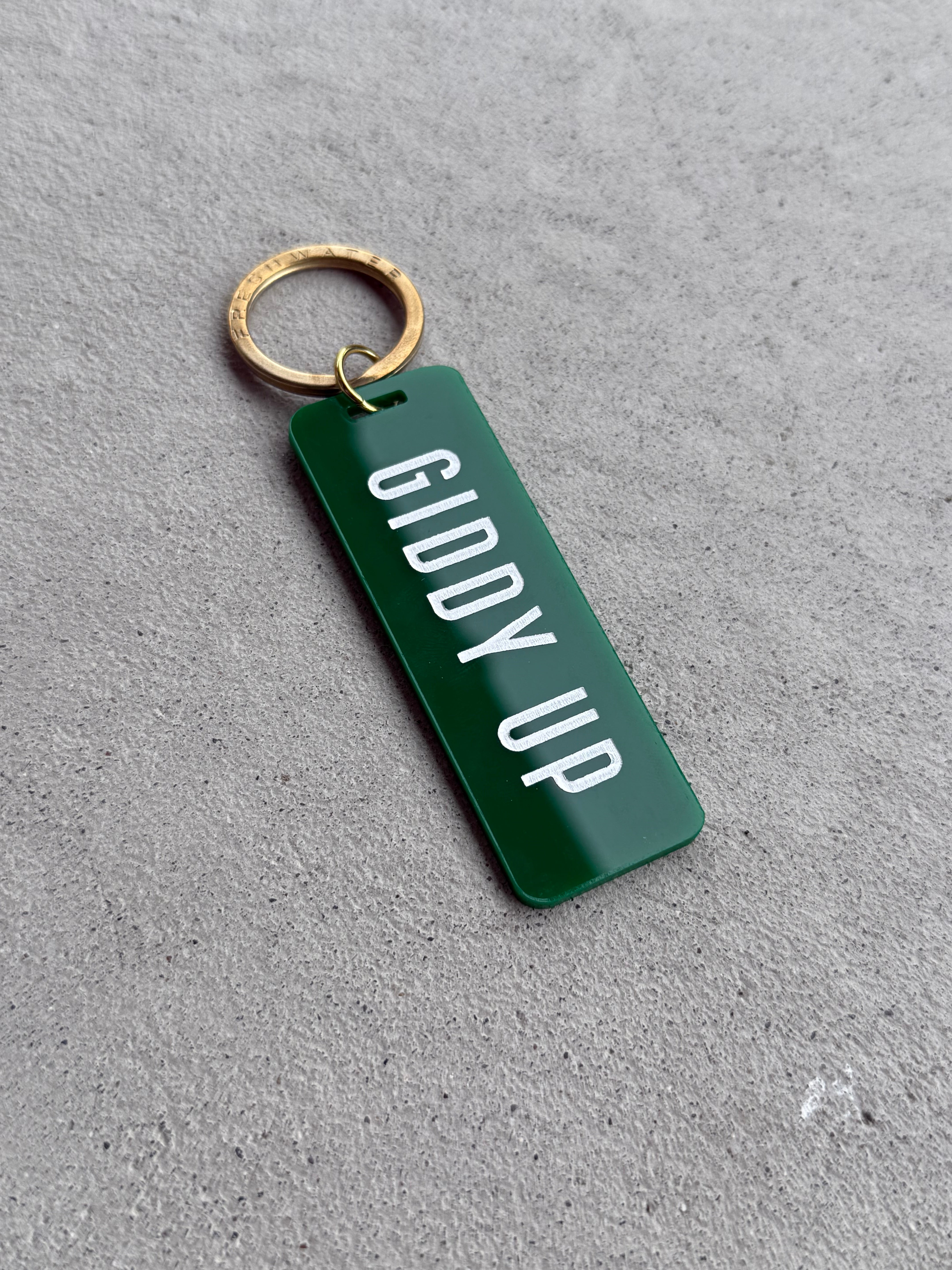 Giddy Up Kelly Green / Keychain on Card / Classic Block Letters