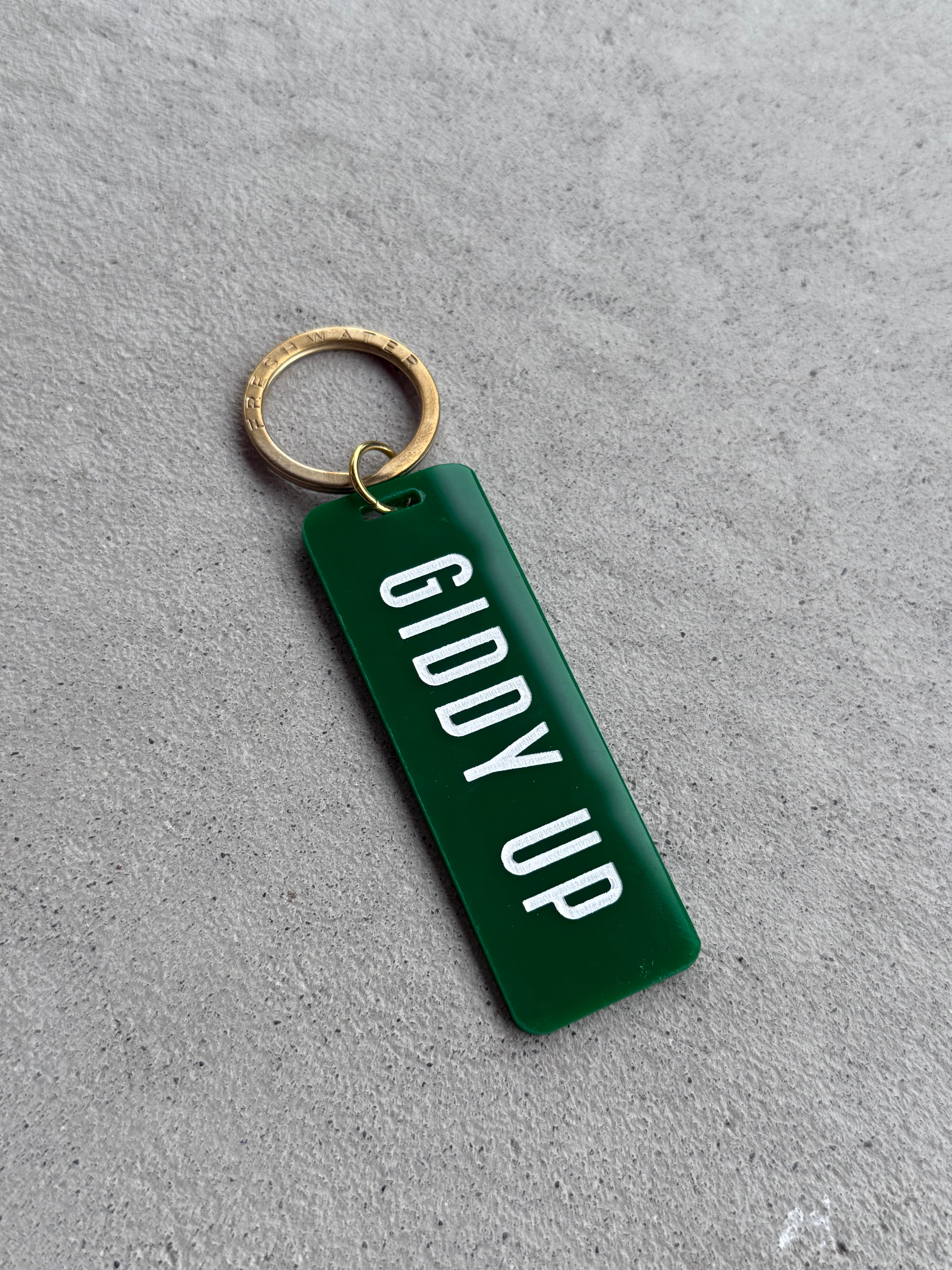 Giddy Up Kelly Green / Keychain on Card / Classic Block Letters