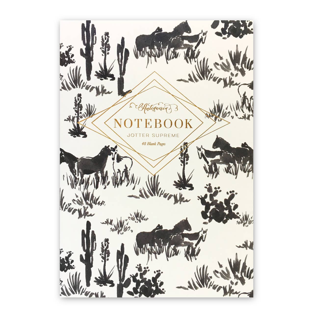 White notebook with black ink-like drawings of horse silhouettes and grass. "Notebook" text is written in gold foil. 