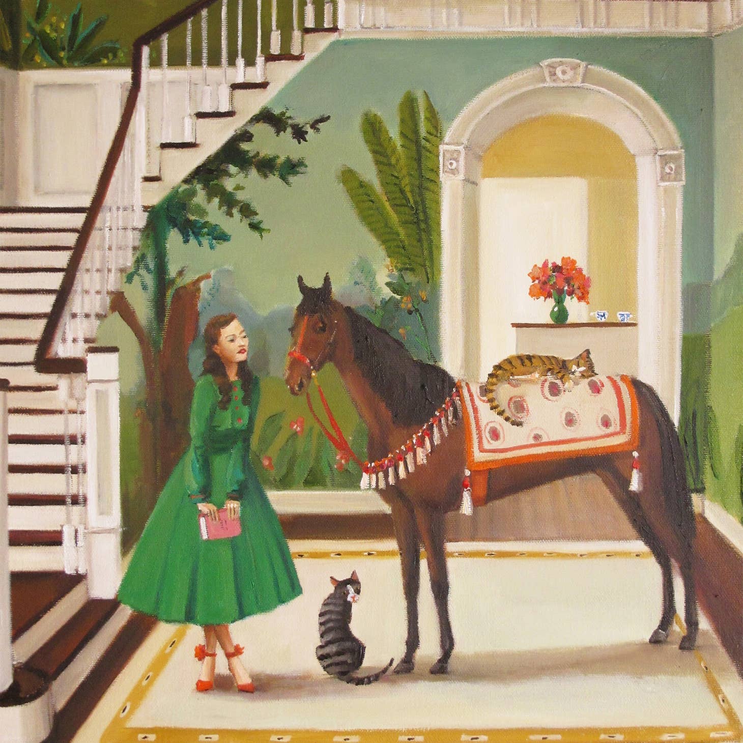 Closer image of a colourful art print with a girl standing with her horse inside her house.