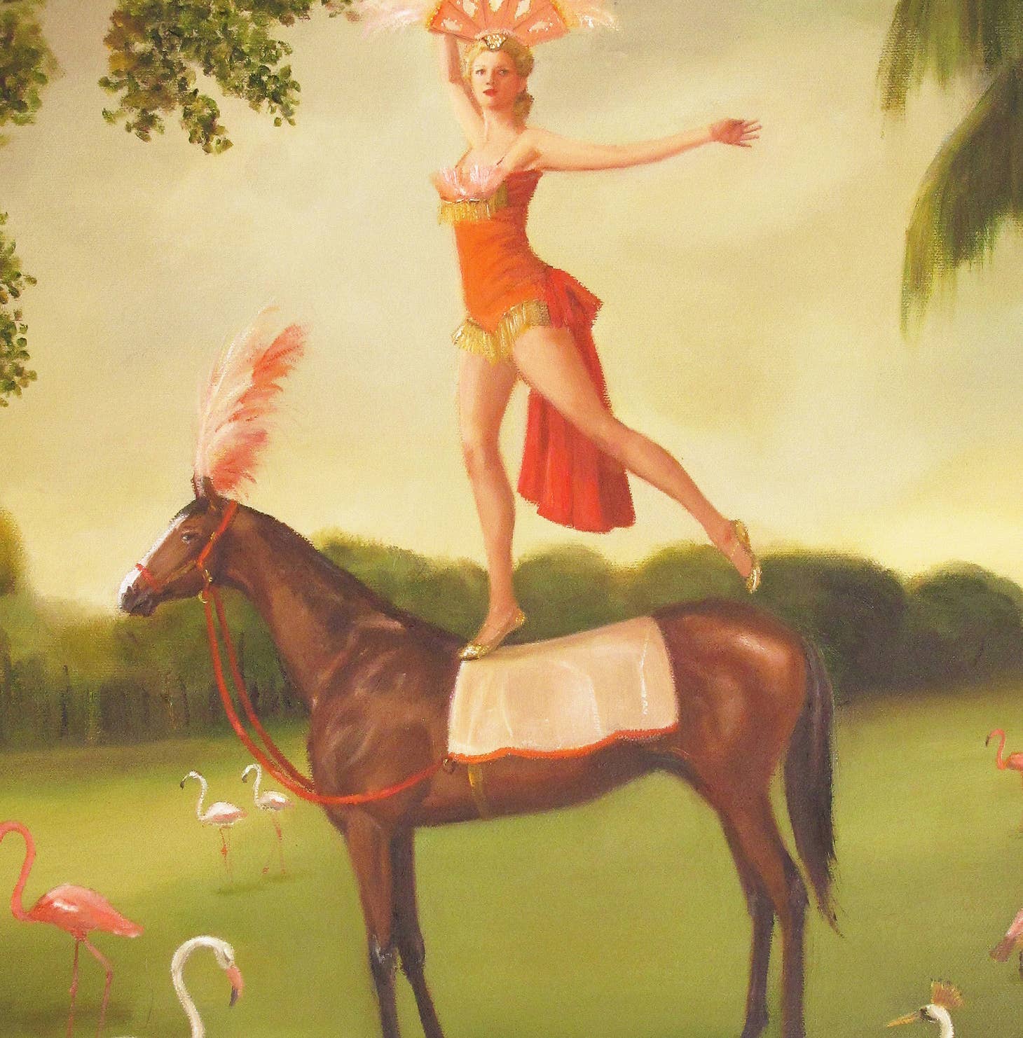 Colourful art print of 1920's dressed woman, balancing on top of horse. Flamingos in foreground and background.