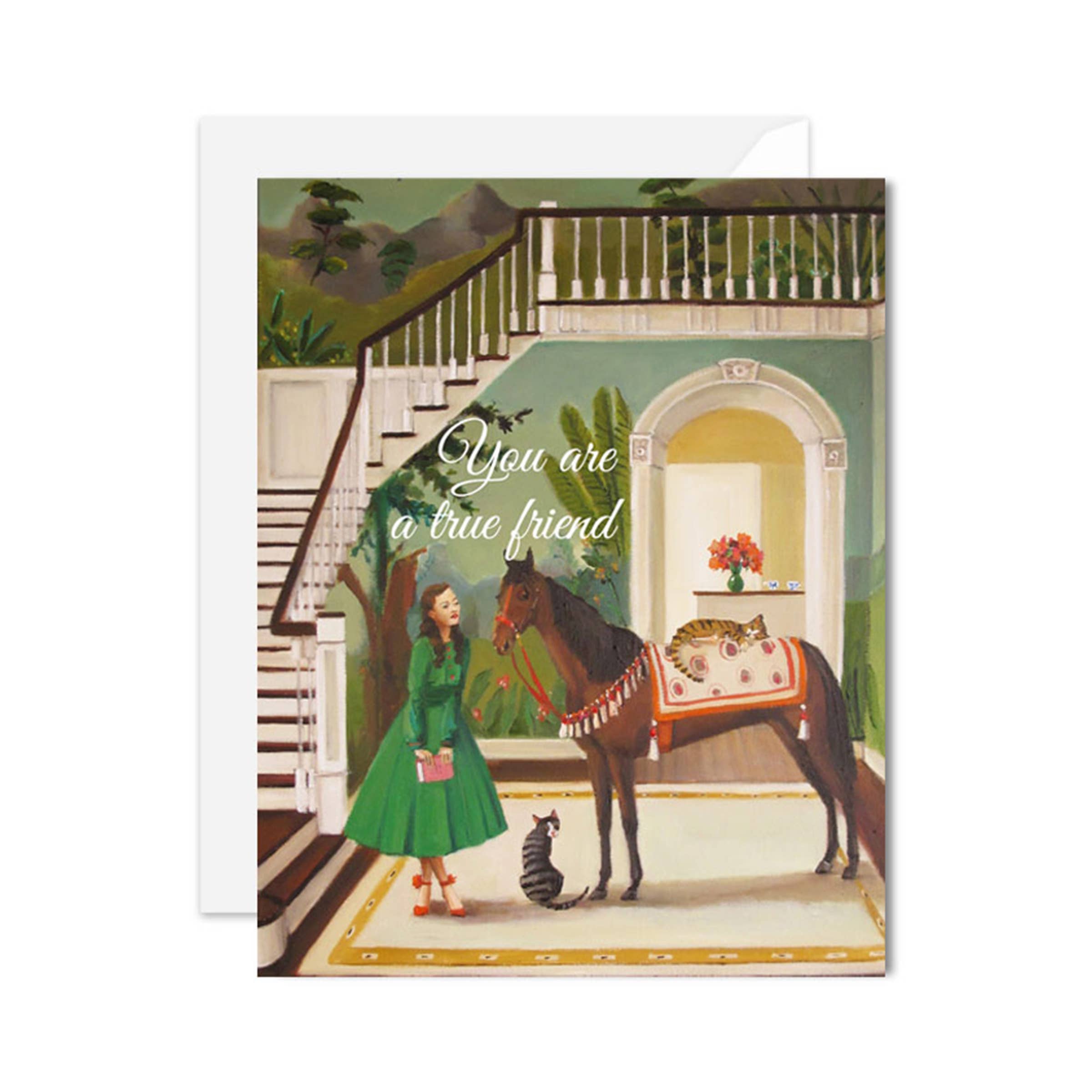 Colourful square greeting card. Horse and girl with 2 cats. Text says "You are a true Freind"