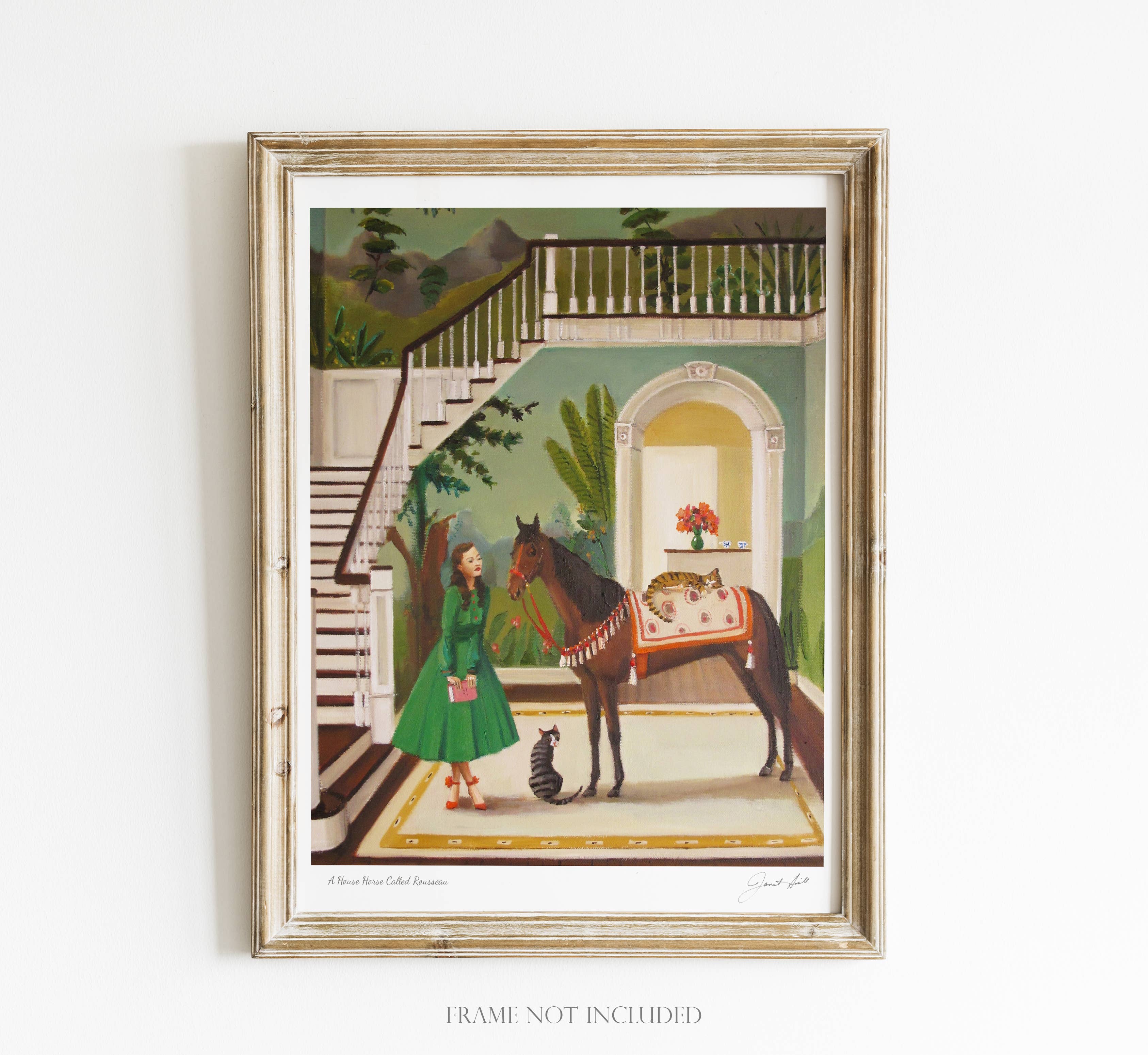 Colourful art print with a girl standing with her horse inside her house.