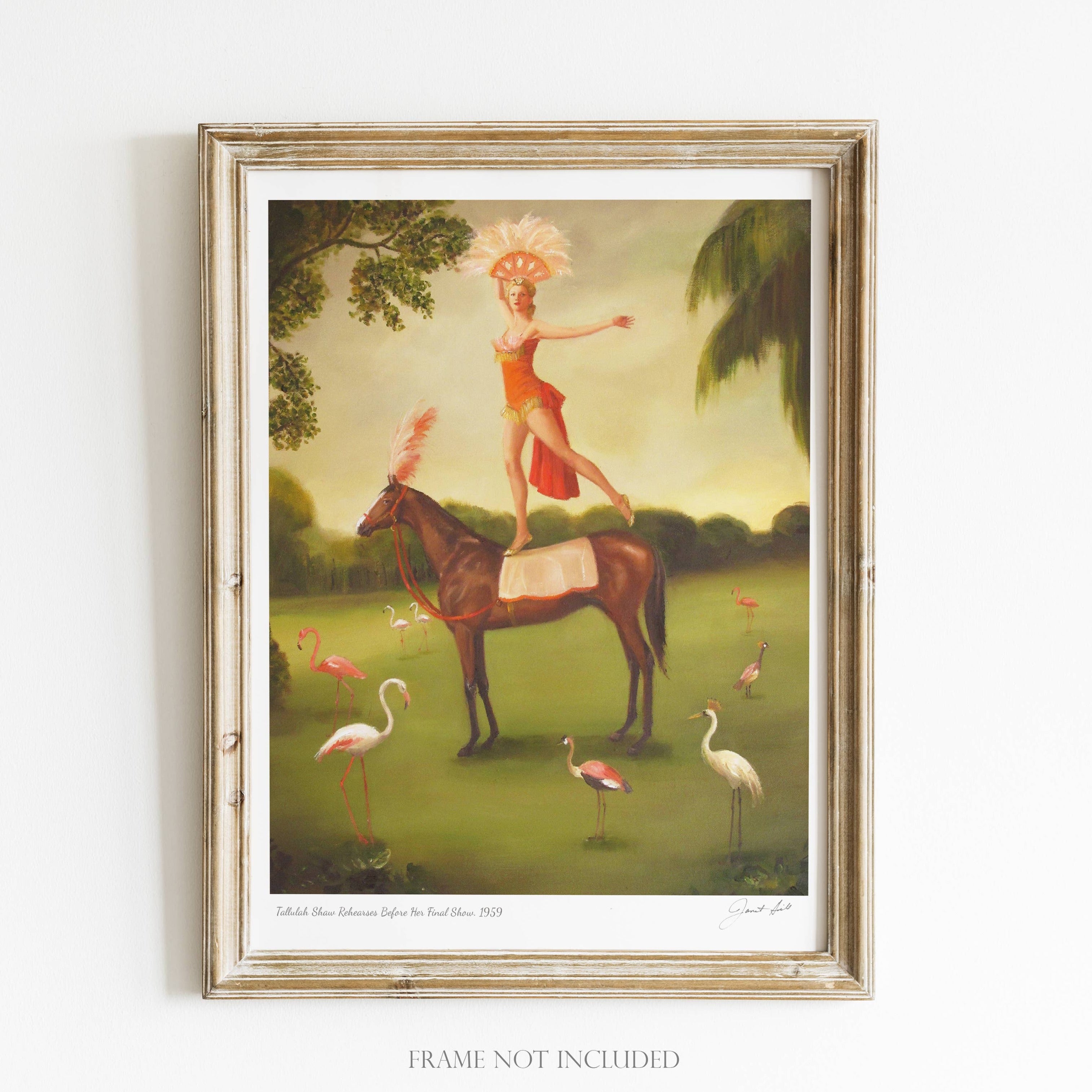 Colourful art print of 1920's dressed woman, balancing on top of horse. Flamingos in foreground and background.
