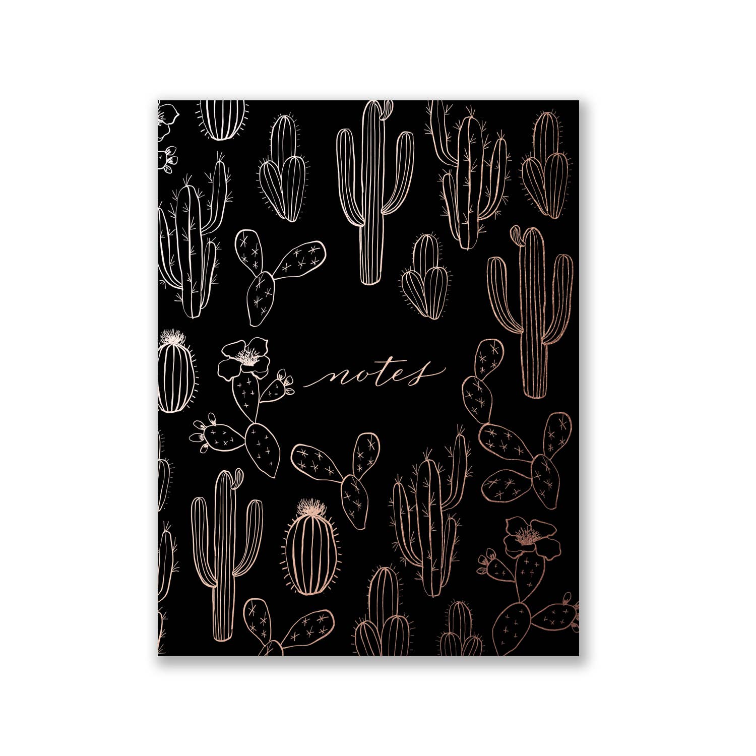 Black saddle-stitched notebook, with gold foil variations of cactus on the front. Text "notes" in middle of front page