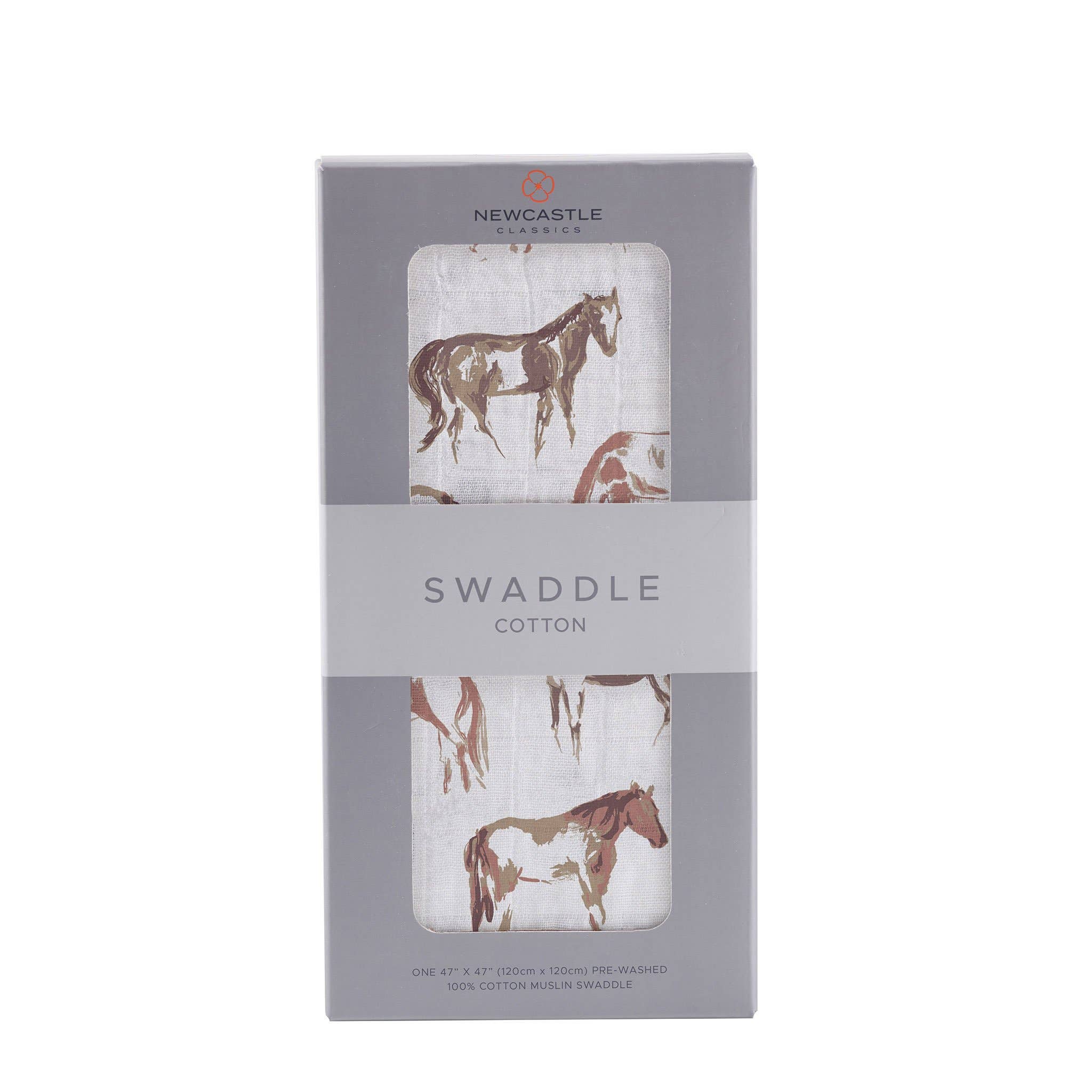 Cotton Swaddle. Multiple different horse graphics on white swaddle